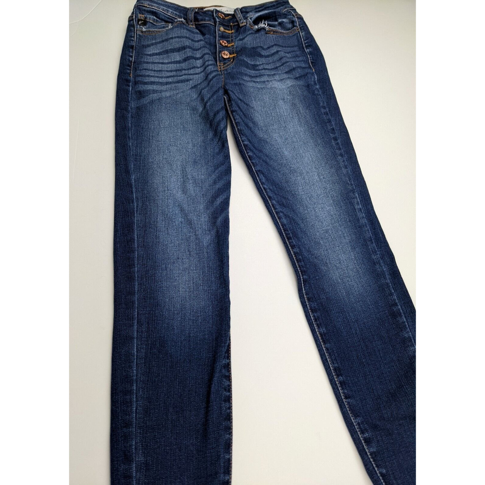 KanCan High Rise Skinny Stretch Jeans Womens Distress Hem Sz 25 Button Dark Wash